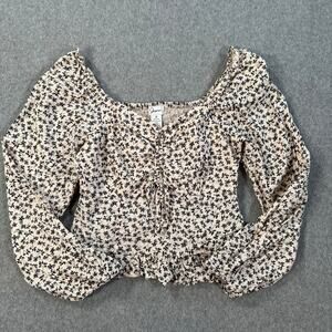 Japna Cropped Floral Top Women's Small Balloon Sleeve Ruffle Hem V-Neck Blouse